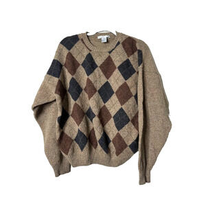 Geoffrey Beene Sweater Mens XL Lambswool Crew Neck Argyle Pullover Brown Preppy